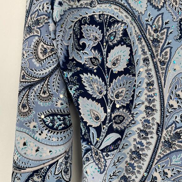 y2k Brittany Black Bedazzled Paisley Wrap Top Size L Blue Hippie Retro Stretchy - Picture 7 of 12